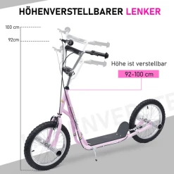 HOMCOM Kinderroller Mit Handbremse, Extra Dicker Luftbereifung, Höhenverstellbarer Lenker Rosa